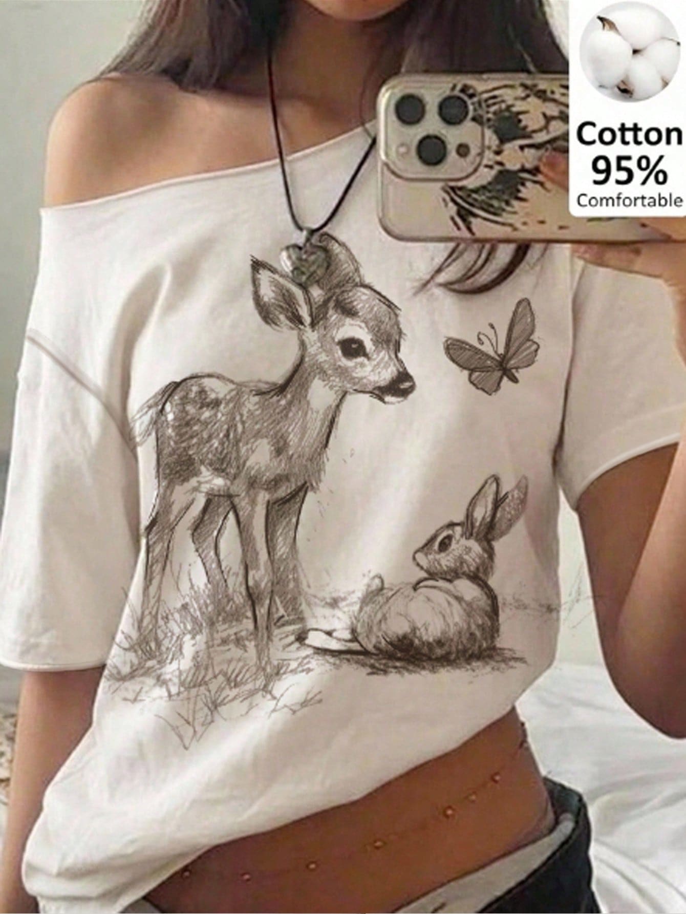 Tseoso 女款 95% 棉落肩 T-shirt，可愛兔子/鹿圖案，休閒基礎款，夏季 Y2K 復古，軟妹風