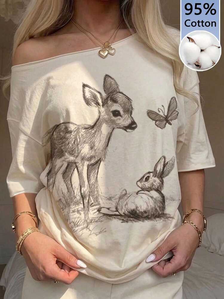 Tseoso Women 95% Cotton Drop Shoulder Tee, Cute Bunny/Deer, Casual Basic, Summer Y2K Vintage, Soft Girl. - White - View 4