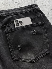 EVRINFINITE Vintage American Streetwear Style Distressed Patch Loose Fit Wide Leg Jeans, Relaxed Straight Cut Denim Pants For Men, Y2K - Pure Black - View 7