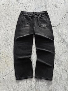 EVRINFINITE Vintage American Streetwear Style Distressed Patch Loose Fit Wide Leg Jeans, Relaxed Straight Cut Denim Pants For Men, Y2K - Pure Black - View 4