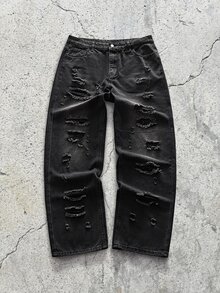EVRINFINITE Vintage American Streetwear Style Distressed Patch Loose Fit Wide Leg Jeans, Relaxed Straight Cut Denim Pants For Men, Y2K - Pure Black - View 3