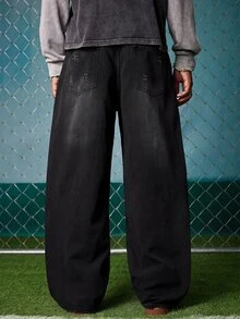 EVRINFINITE Vintage American Streetwear Style Distressed Patch Loose Fit Wide Leg Jeans, Relaxed Straight Cut Denim Pants For Men, Y2K - Pure Black - View 2