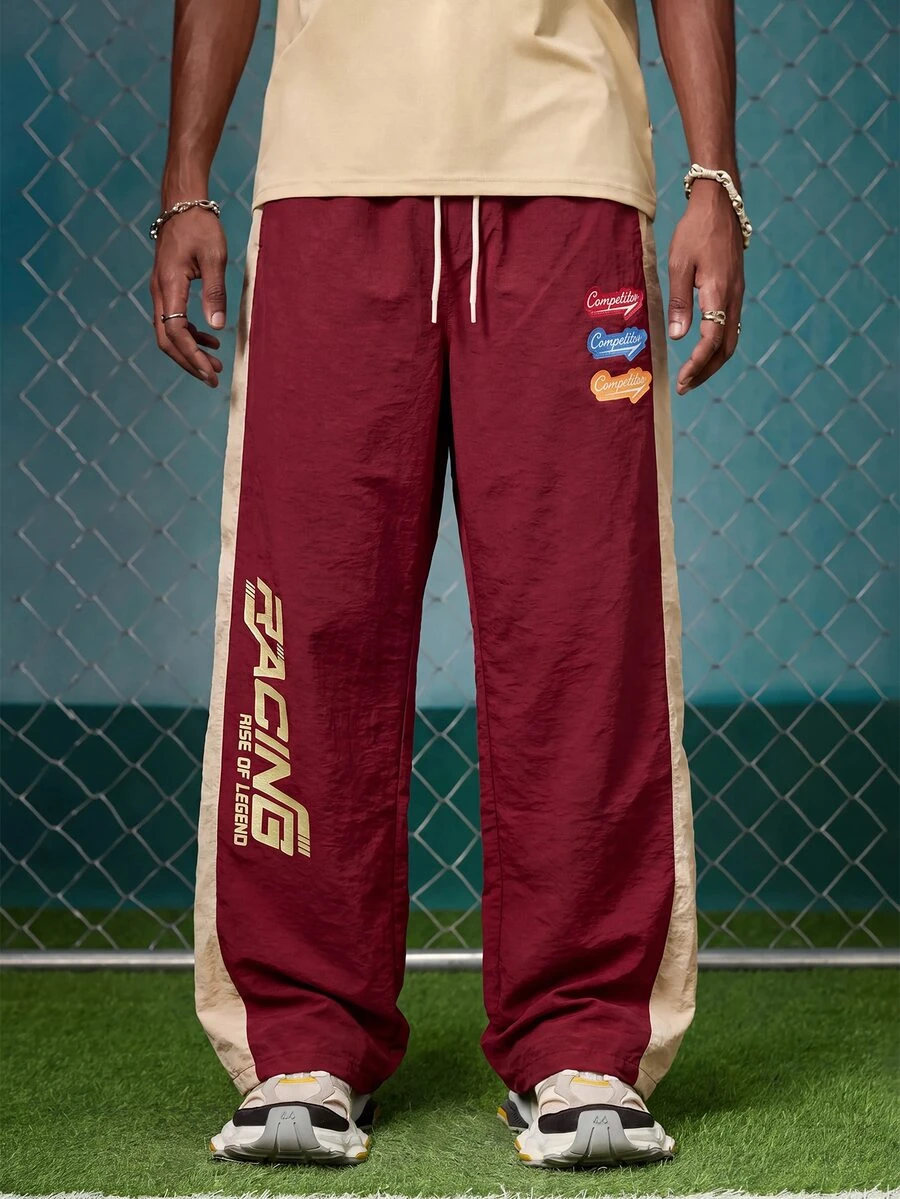 EVRINFINITE Men's Casual Streetwear Comfortable Fashion Contrast Color Outdoor Sports Woven Long Pants, Summer - Burgundy - View 1