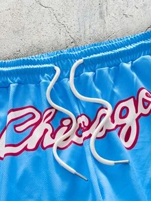 EVRINFINITE Celana Pendek Olahraga Kasual Pria Model Jala Chicago 23 dengan Cetakan Huruf & Angka dan Tali Serut, Cocok untuk Musim Semi/Panas - Baby Blue - View 6