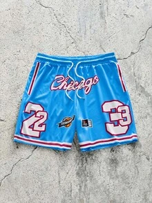 EVRINFINITE Celana Pendek Olahraga Kasual Pria Model Jala Chicago 23 dengan Cetakan Huruf & Angka dan Tali Serut, Cocok untuk Musim Semi/Panas - Baby Blue - View 3