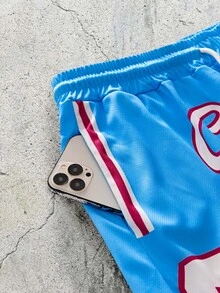 EVRINFINITE Celana Pendek Olahraga Kasual Pria Model Jala Chicago 23 dengan Cetakan Huruf & Angka dan Tali Serut, Cocok untuk Musim Semi/Panas - Baby Blue - View 5