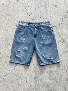 EVRINFINITE 男士破洞牛仔短裤，复古水洗，宽松阔腿，时尚百搭牛仔短裤，emo 风格 - 淺色水洗藍 - 查看 3