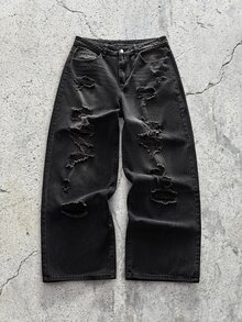 EVRINFINITE 1件 Justice Brother 复古做旧破洞毛边宽松直筒牛仔裤，休闲街头嘻哈风格 - 黑色 - 查看 3