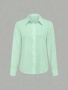 SHEIN Holidaya Women's Solid Color Casual Single-Breasted Long Sleeve Shirt Business Office - Green - View 4