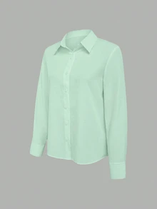 SHEIN Holidaya Women's Solid Color Casual Single-Breasted Long Sleeve Shirt Business Office - Green - View 5
