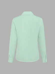 SHEIN Holidaya Women's Solid Color Casual Single-Breasted Long Sleeve Shirt Business Office - Green - View 2