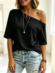 Balvessa White One-Shoulder Casual Versatile Women's Short Sleeve T-Shirt - Black - View 3