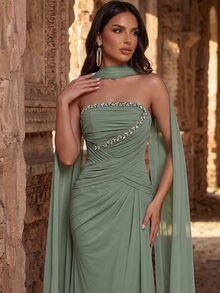 Glamrae فستان أنيق بسيط عالي المرونة من الشبك بدون حمالات مع ديكور من الخرز والراين، خصر مكشكش، تنورة حورية البحر بتصميم A-خط منحف، وشاح قابل للفصل، مناسب للمواعدة وحفلة العزوبية والزفاف والفعاليات، فستان سهرة مزين بكثافة - أخضر - مشاهدة 6