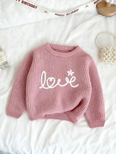 Girls Pink Pullover Sweater, Round Neck Long Sleeve Love Letter Embroidery Jumper For Autumn, Holiday, Party, Young Girl Clothes Winter Sweaters