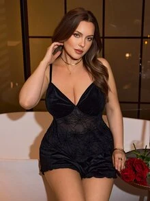 SilkySpell Halloween Spider Web Flocked Mesh Patchwork Korean Flocked Camisole Top And Shorts Plus Size Sexy Pajama Set - Black - View 1