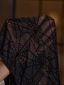 SilkySpell Halloween Spider Web Flocked Mesh Patchwork Korean Flocked Camisole Top And Shorts Plus Size Sexy Pajama Set - Black - View 5