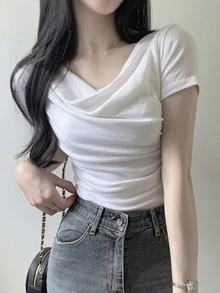 DAZY Teen Girl Solid Color Draped Neck Short Sleeve Casual T-Shirt Summer - White - View 4
