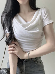 DAZY Teen Girl Solid Color Draped Neck Short Sleeve Casual T-Shirt Summer - White - View 6