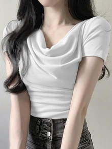 DAZY Teen Girl Solid Color Draped Neck Short Sleeve Casual T-Shirt Summer - White - View 7