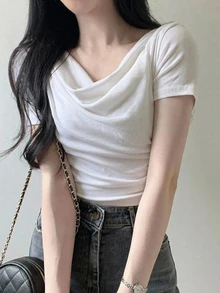 DAZY Teen Girl Solid Color Draped Neck Short Sleeve Casual T-Shirt Summer - White - View 3