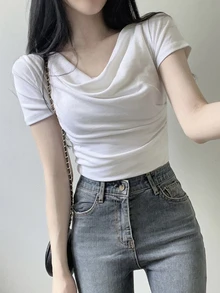 DAZY Teen Girl Solid Color Draped Neck Short Sleeve Casual T-Shirt Summer - White - View 5