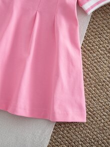 SHEIN 1pc Baby Girl Pink Casual Dress, Ribbed Collar & Cuffs, Suitable For Casual Wear, Outings, Sports, Parties - Deep pink - View 6