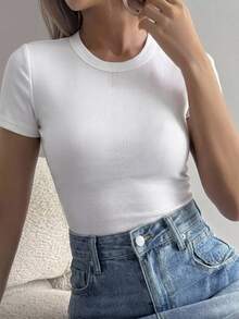 DAZY Teen Girl Solid Color Round Neck Slim Fit Versatile Daily Casual Top Summer - White - View 2