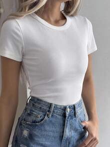 DAZY Teen Girl Solid Color Round Neck Slim Fit Versatile Daily Casual Top Summer - White - View 4