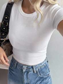 DAZY Teen Girl Solid Color Round Neck Slim Fit Versatile Daily Casual Top Summer - White - View 5