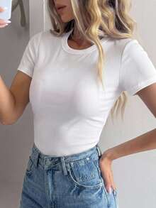 DAZY Teen Girl Solid Color Round Neck Slim Fit Versatile Daily Casual Top Summer - White - View 3