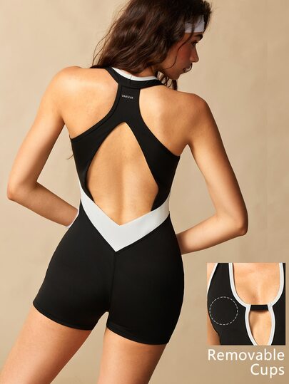 VARSIVA Women Colorblock Patchwork Backless Slim Fit Sports Activewear Romper Romper