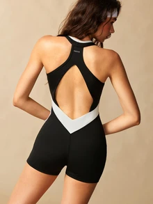VARSIVA Colorblock Patchwork Backless Slim Fit Sports Romper - Black and White - View 9
