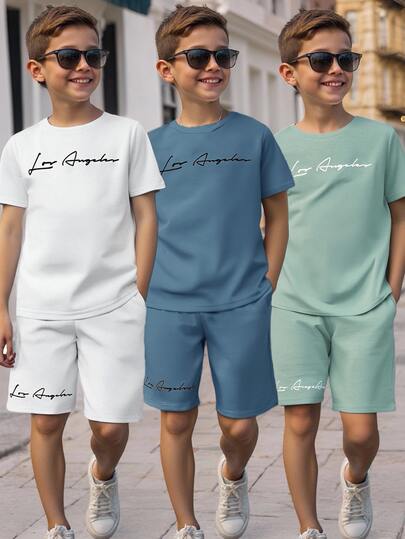 SHEIN 3pcs Young Boys' Casual Letter Print Graphic Round Neck Pullover Knit T-Shirt Set, 3 Different Styles, 1 Each, Suitable For School And Outings In Spring And Summer