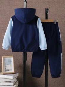 SHEIN Coolqubz 小男孩拼色長袖拉鍊半開襟連帽夾克與長褲休閒套裝 - 藍色 - 查看 2
