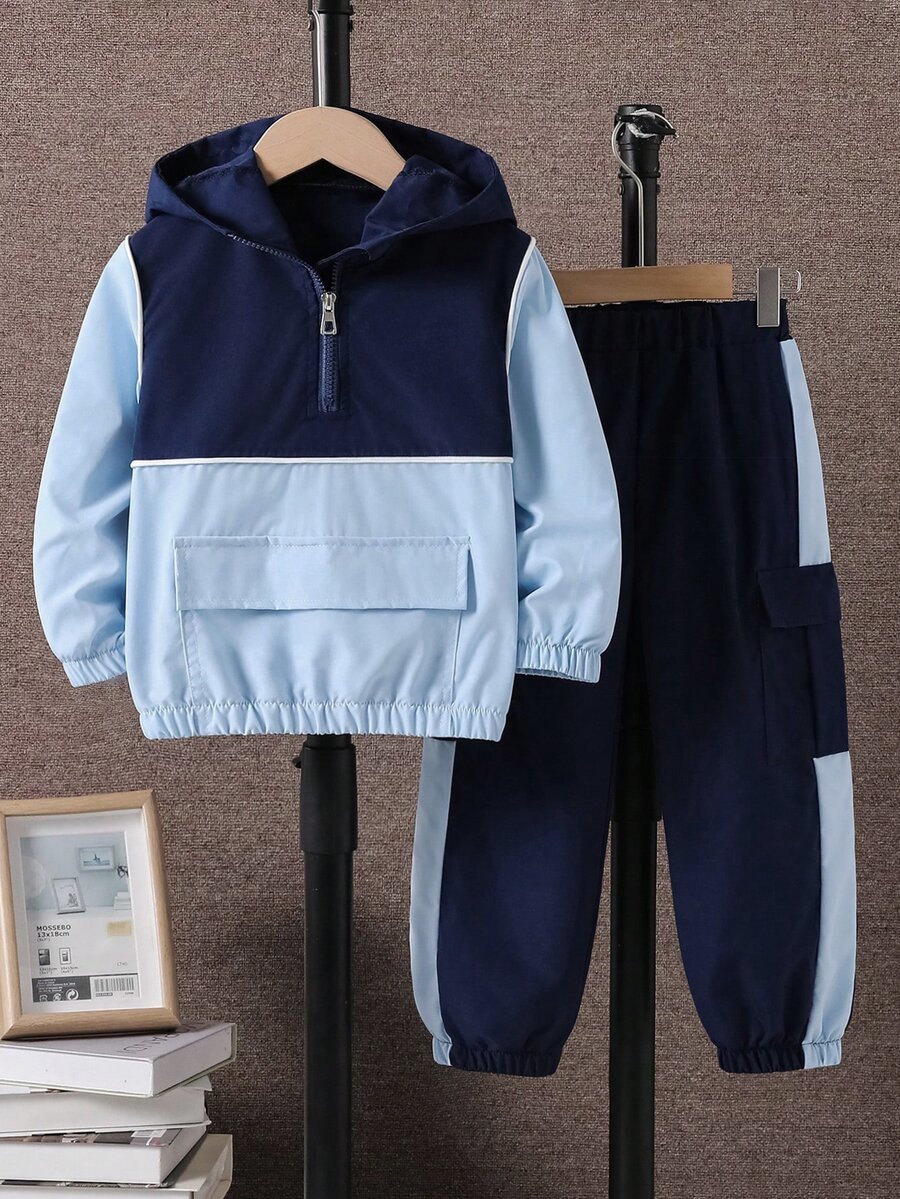 SHEIN Coolqubz 小男孩拼色長袖拉鍊半開襟連帽夾克與長褲休閒套裝 - 藍色 - 查看 1