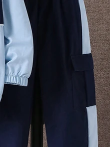 SHEIN Coolqubz 小男孩拼色長袖拉鍊半開襟連帽夾克與長褲休閒套裝 - 藍色 - 查看 5