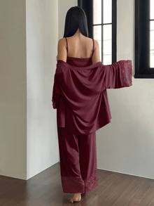 DAZY 3-Piece Charming Lace-Trimmed Cardigan Camisole And Trousers Spring Women's Pajama Set - Purple - View 2
