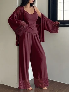 DAZY 3-Piece Charming Lace-Trimmed Cardigan Camisole And Trousers Spring Women's Pajama Set - Purple - View 4
