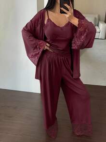 DAZY 3-Piece Charming Lace-Trimmed Cardigan Camisole And Trousers Spring Women's Pajama Set - Purple - View 5