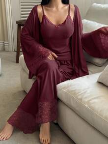 DAZY 3-Piece Charming Lace-Trimmed Cardigan Camisole And Trousers Spring Women's Pajama Set - Purple - View 1