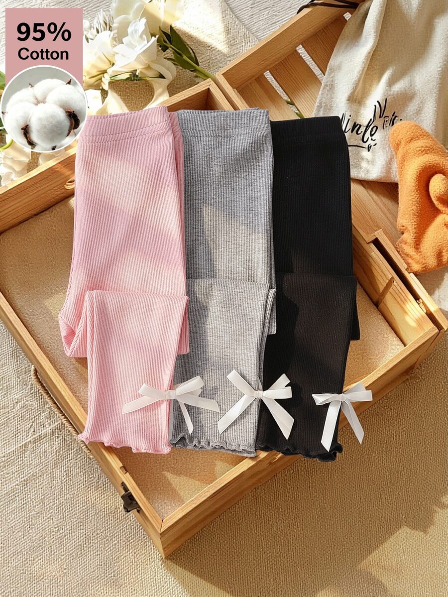 SHEIN 女嬰單件夏季蝴蝶結打底褲,甜美造型,時尚防蚊,簡約休閒穿著長褲 - 彩色 - 查看 1