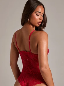 SHEIN BAE 女士性感透明蕾丝紧身衣 - 紅色 - 查看 2