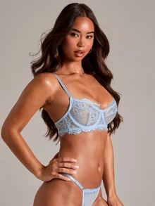 SHEIN BAE 2pcs/Set Rose Red Lace Patchwork Lingerie Set, Mature & Sensual - Baby Blue - View 3