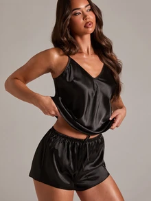 SHEIN BAE 对比色蕾丝系腰睡衣套装/睡衣套装 - 黑色 - 查看 2