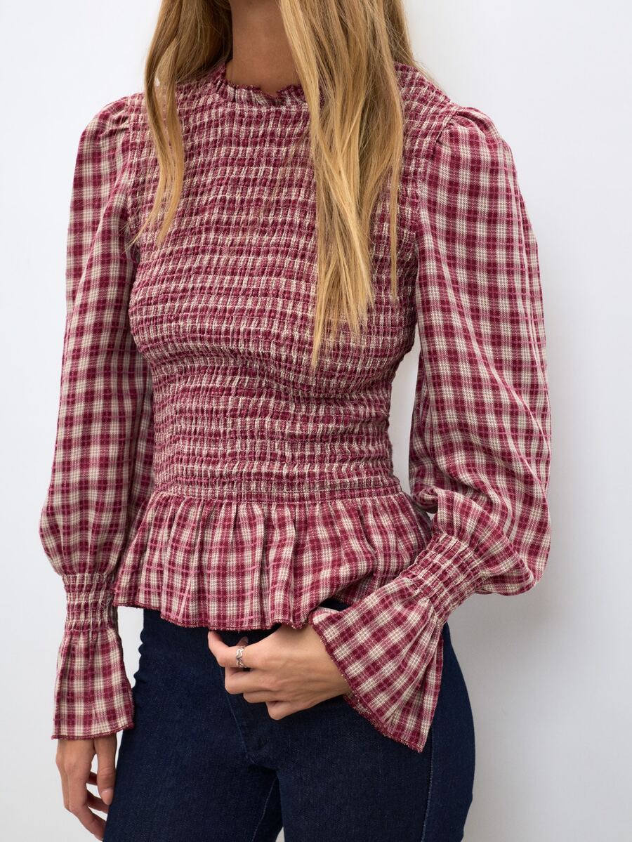 Nöista Pink Plaid Ruffled Top With Frills, Perfect For A Youthful Look,Sweet And Elegant,Suitable For Everyday Wear, Parties,Outings,Fall Winter - Burgundy - View 1