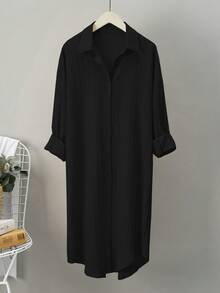 EMERY ROSE SHEIN LUNE Pleated Long Button Down Oversized Women Black Shirts,Teacher Shirts Fall Cloth For Women - Black - View 1