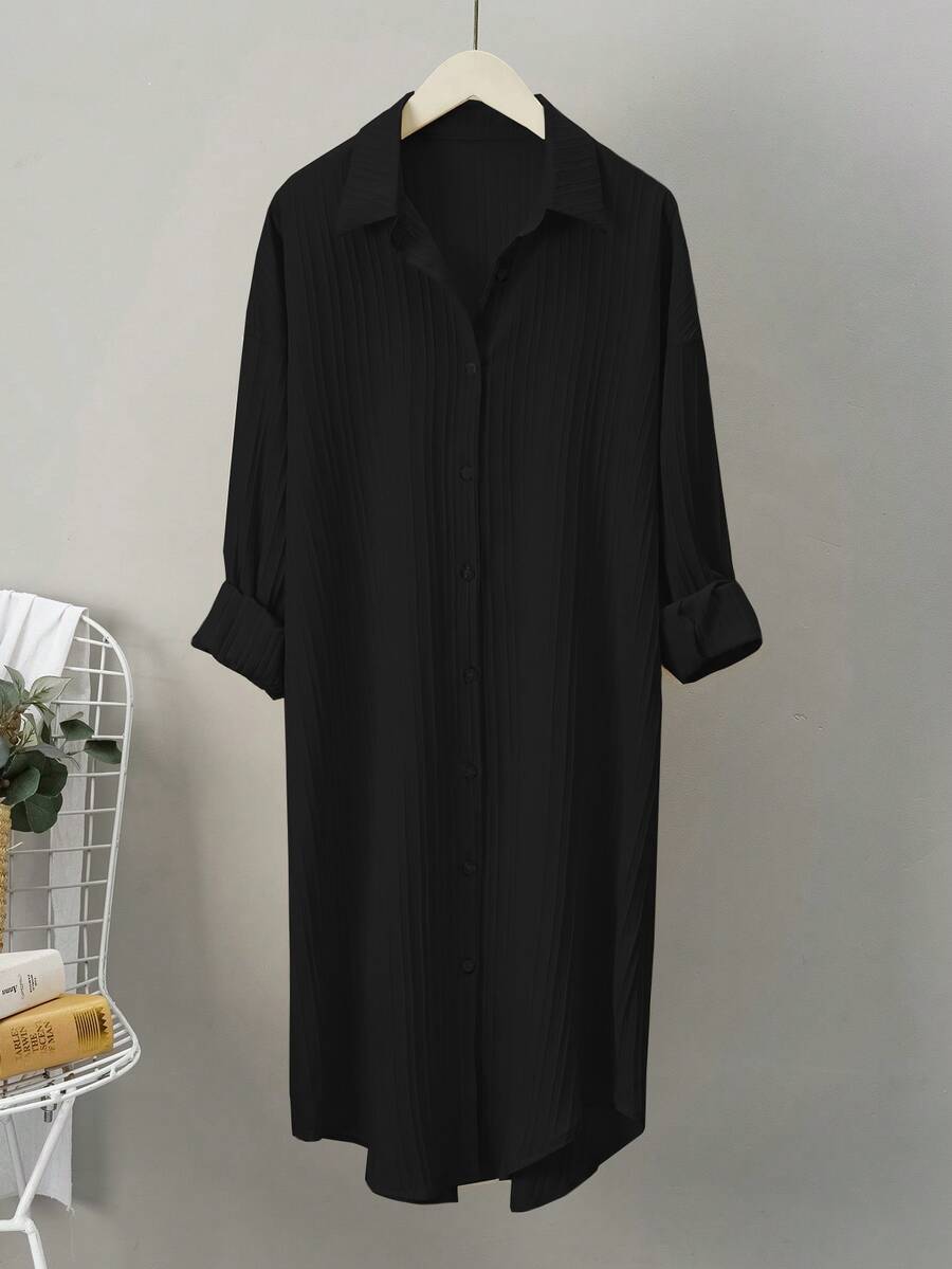 EMERY ROSE SHEIN LUNE Pleated Long Button Down Oversized Women Black Shirts,Teacher Shirts Fall Cloth For Women - Black - View 1