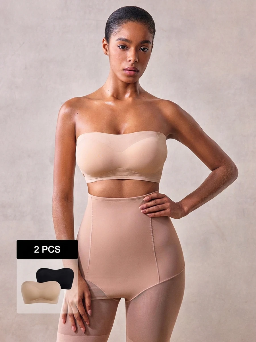 Veilyse 2pcs Women's Strapless Backless Wire-Free Bra Set, Black Anti-Slip Silicone Padded Removable Liner Bandeau Top And Panties - Multicolor - View 1