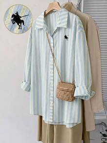 SHEIN LUNE 大尺碼女款淺藍色馬術印花休閒傳統90年代日常穿著襯衫 教師節 辦公室 秋季 - 彩色 - 查看 1