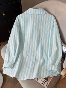 SHEIN LUNE 大尺碼女款淺藍色馬術印花休閒傳統90年代日常穿著襯衫 教師節 辦公室 秋季 - 彩色 - 查看 2